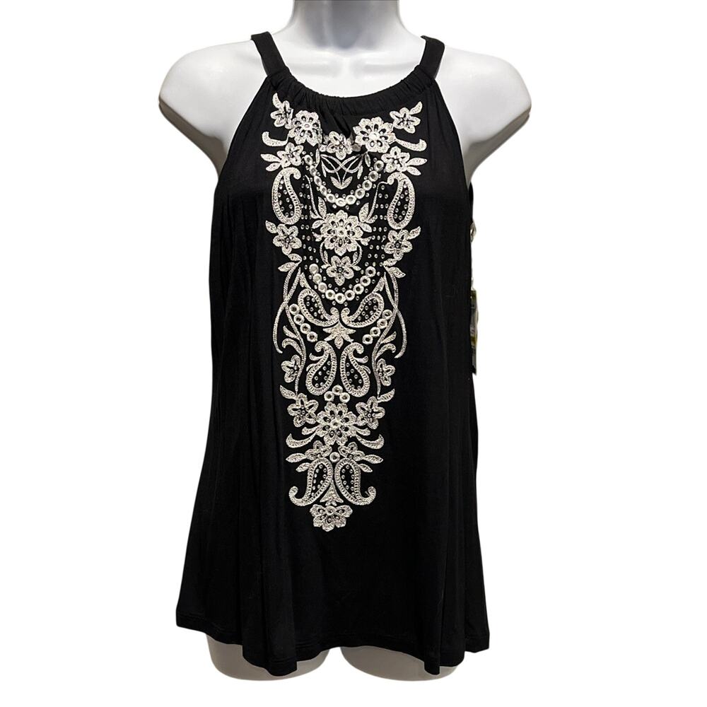 INC Black Rhinestone Metallic Top – Embellished Sleeveless Shirt – Women’s M NWT